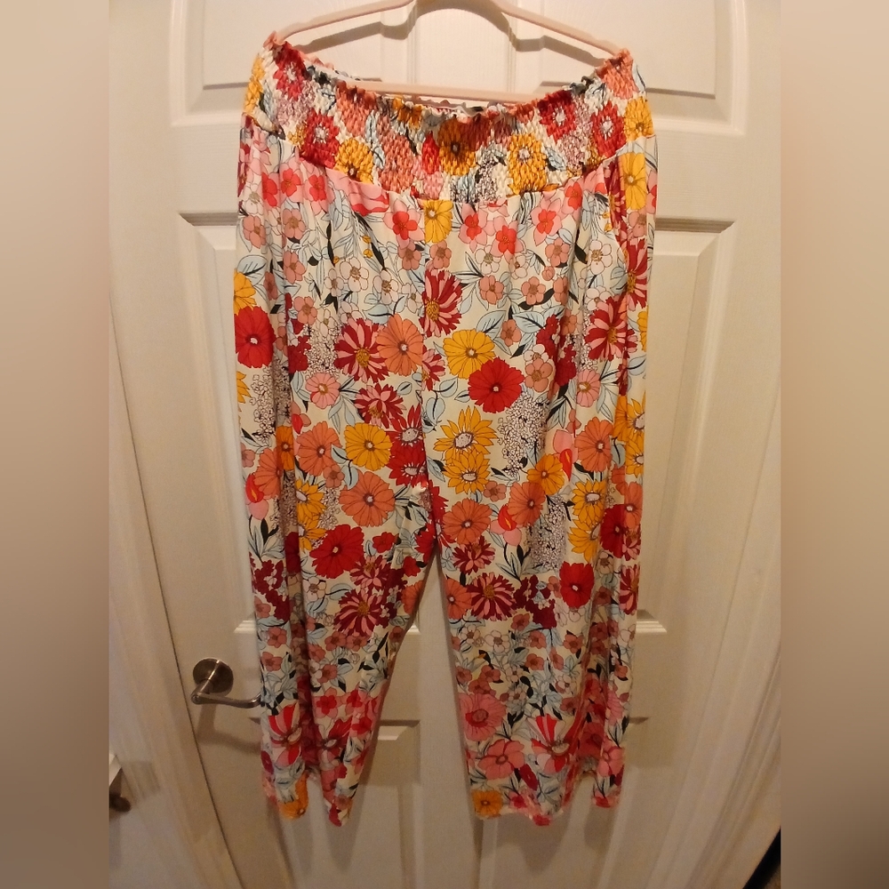 SHEIN Floral Wide-Leg Pants in Red, Orange, Yellow, Cream
